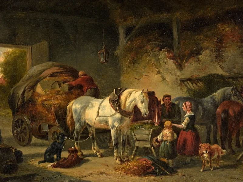 1812-Wouterus Verschuur - Interno della stalla con carro per il fieno